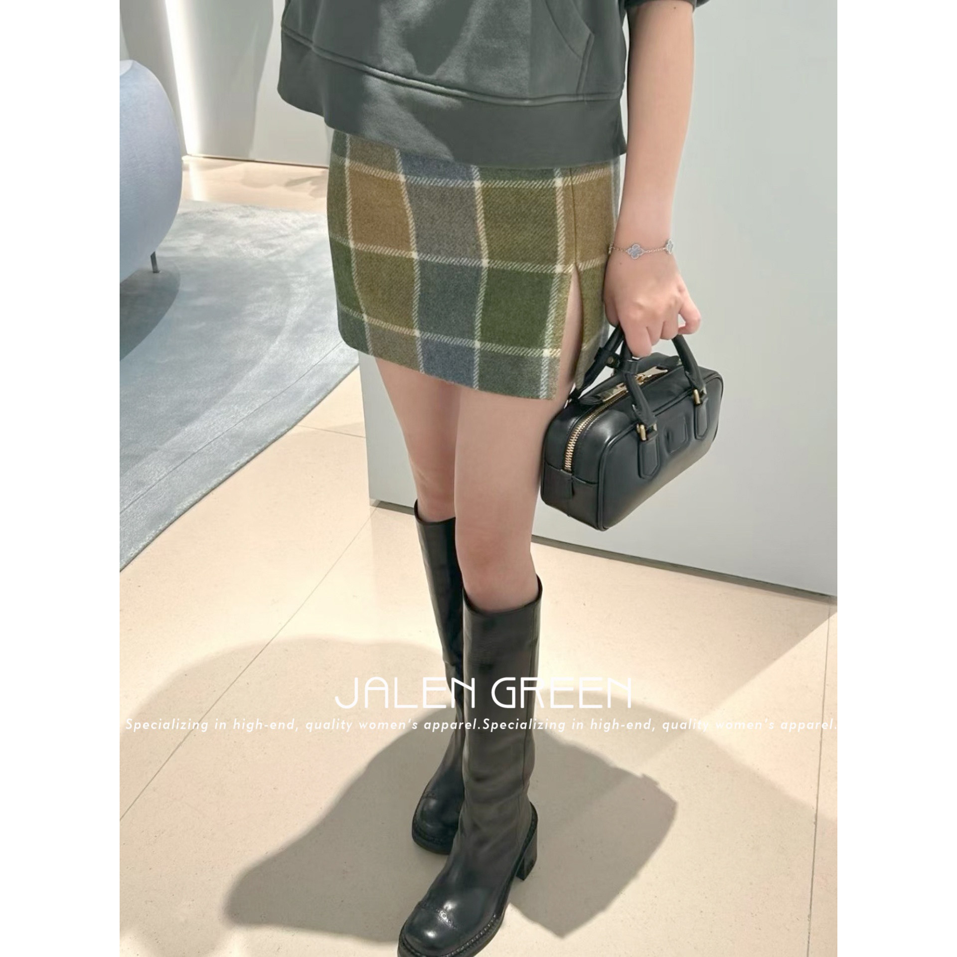 JALEN GREEN 性感甜妹!1-21/绿黄格下摆开叉超短裙呢子羊毛半身裙,女装/女士精品,半身裙,淘宝优惠券,粉丝福利购,淘宝优惠卷