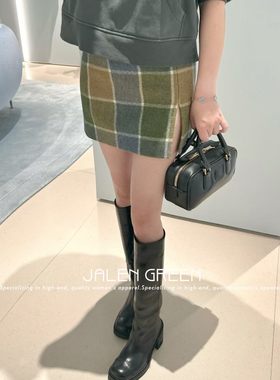 JALEN GREEN 性感甜妹!1-21/绿黄格下摆开叉超短裙呢子羊毛半身裙