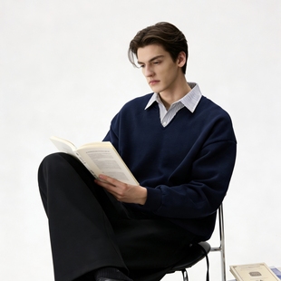 假两件条纹v领纯色卫衣短宽boxy套头百搭学院风长袖 男女翻领秋冬