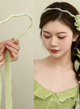 发带发箍飘带头饰女款高级感绿色头箍头饰珍珠蝴蝶结编发丝巾发卡
