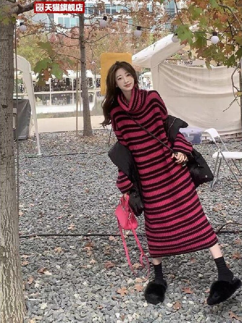 여성을위한 높은 칼라 내부 니트 스커트 가을 겨울 2024 새로운 느슨한 슬리밍 두꺼운 스웨터 스커트 스트라이프 드레스