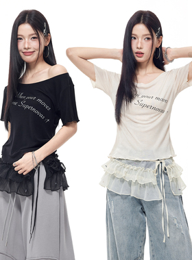 NovaStreet 芭蕾风木耳边短袖T恤天丝圆领斜肩上衣字母印花爵士舞