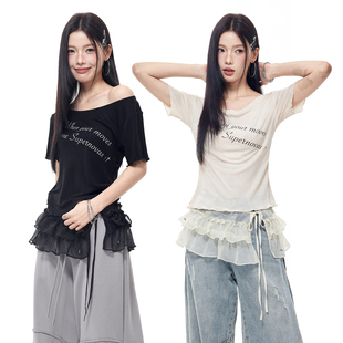 NovaStreet T恤天丝圆领斜肩上衣字母印花爵士舞 芭蕾风木耳边短袖