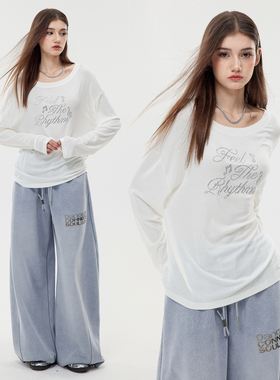 Nova Street 烫钻字母天丝长袖罩衫T恤白宽松休闲百搭松弛上衣女