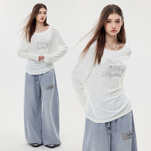 罩衫 烫钻字母天丝长袖 T恤白宽松休闲百搭松弛上衣女 Street Nova