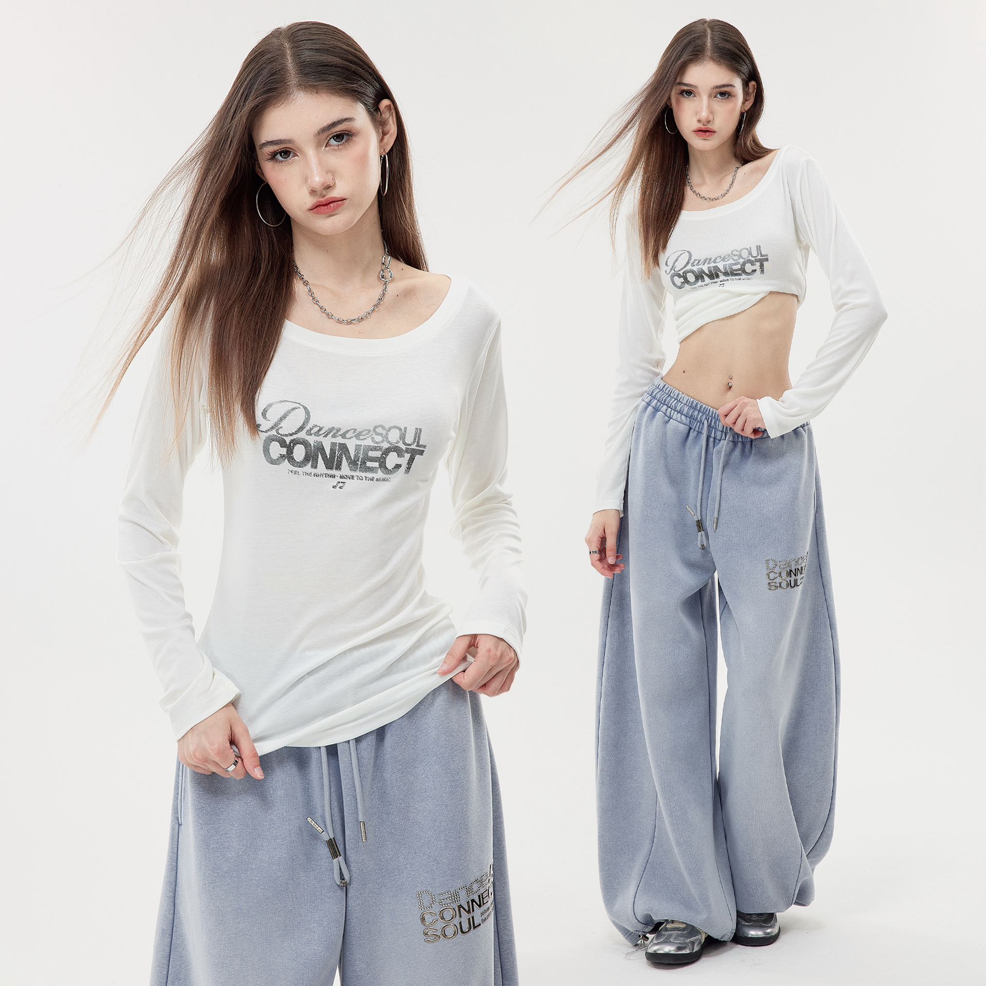 NovaStreet天丝长袖字母印花T恤