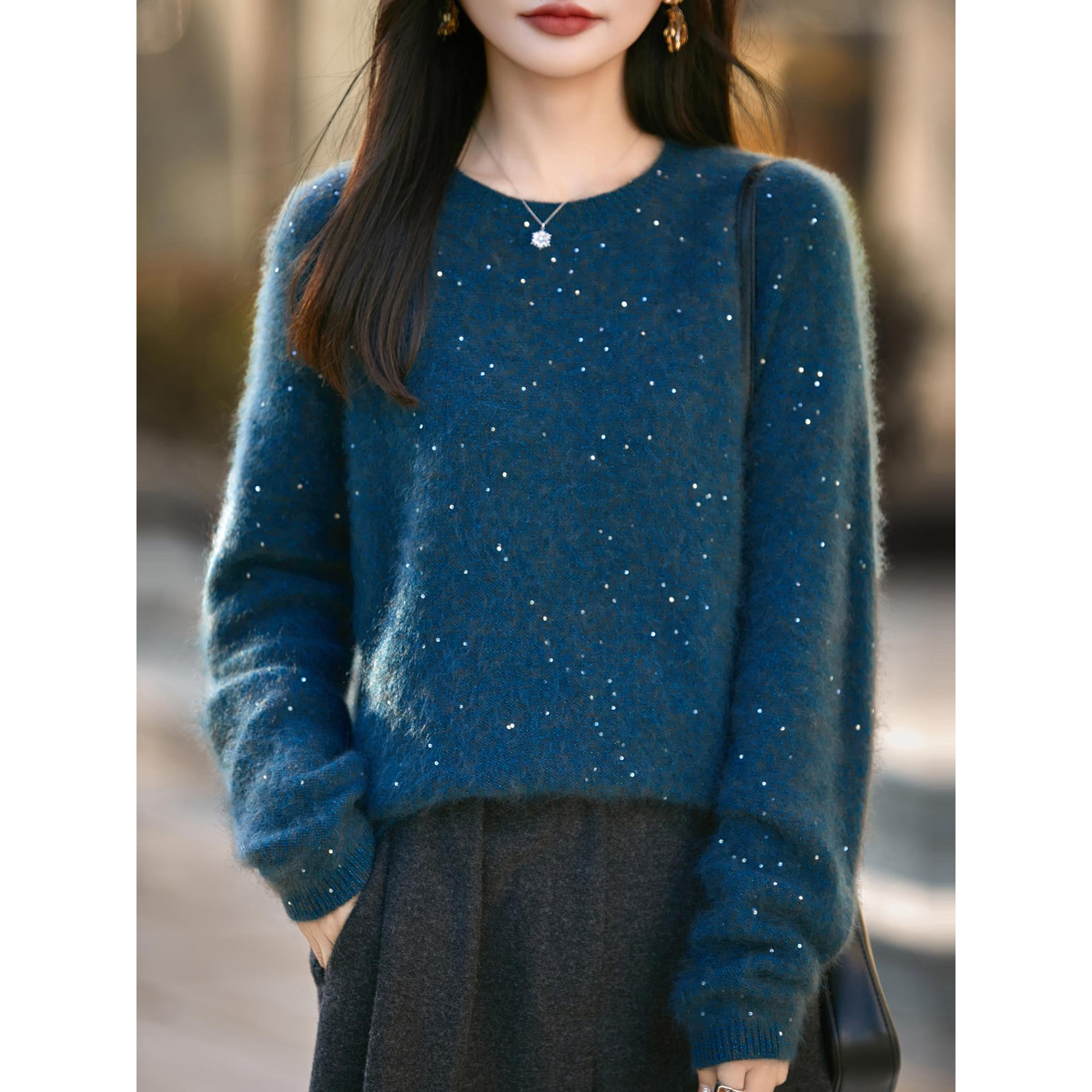 ROUMIKL法式老钱风亮片针织衫女2025新款宽松加厚保暖慵懒打底衫