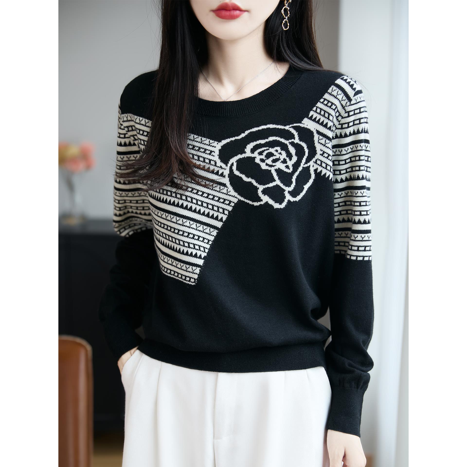 ROUMIKL法式设计感提花针织衫毛衣女2025秋冬新精纺洋气减龄百搭