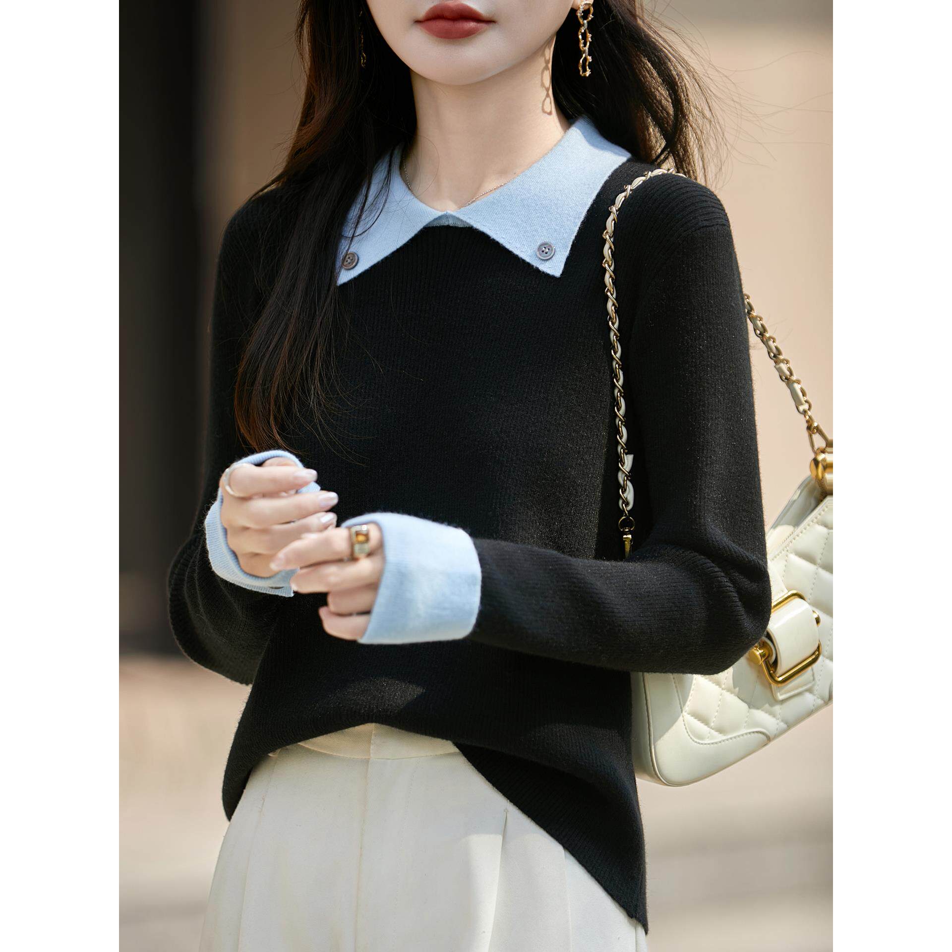 ROUMIKL法式高级感撞色假两件POLO领针织衫女翻领毛衣2025新气质