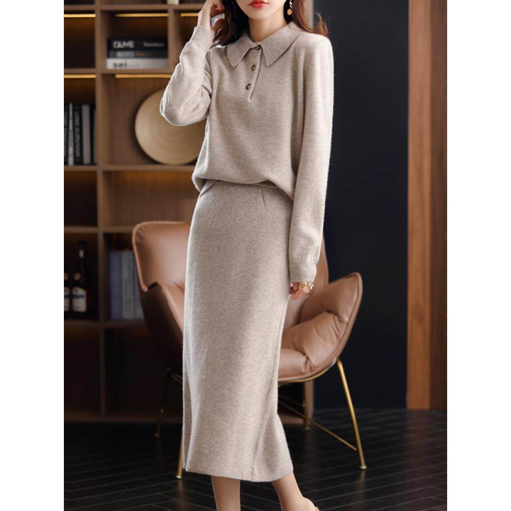 ROUMIKL法式高端两件套装女2025新款格雷系POLO领毛衣+针织A字半