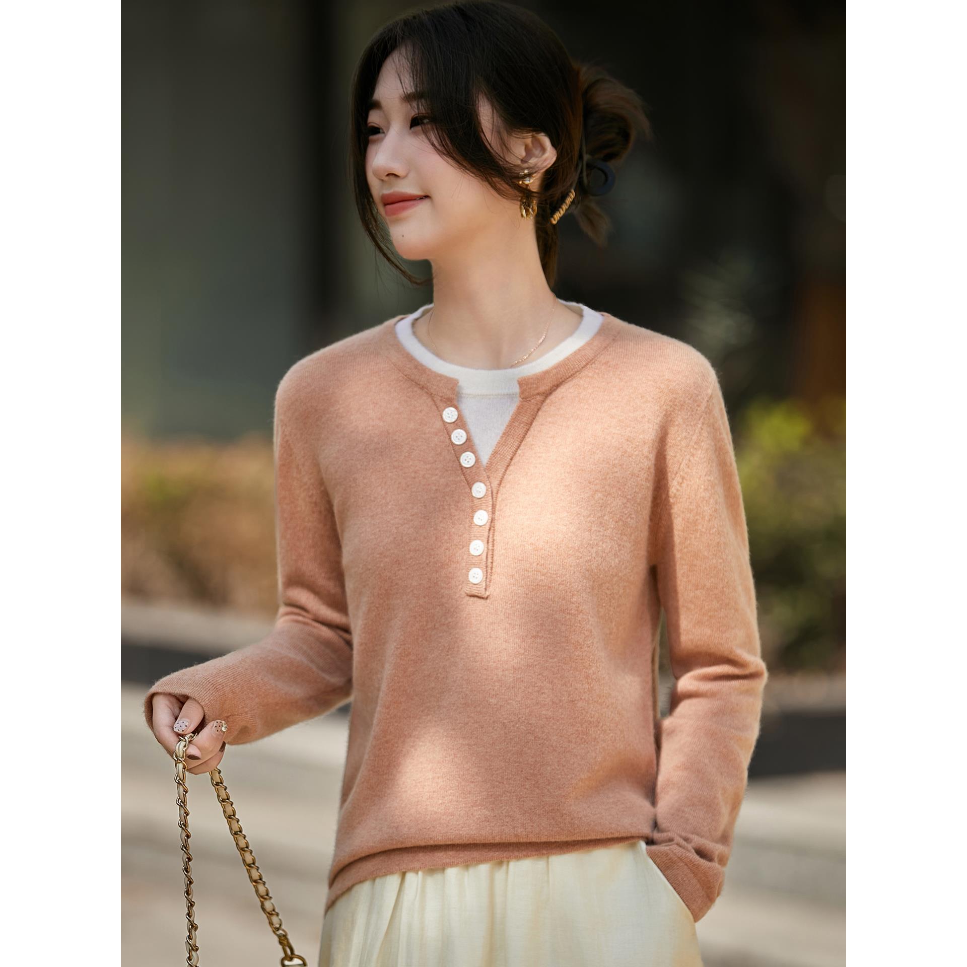 ROUMIKL法式轻熟风撞色假两件针织衫女2025新款软糯保暖显瘦打底