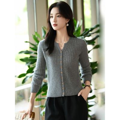 ROUMIKL法式高级感100纯针织开衫女短外套毛衣2025新款气质打底上