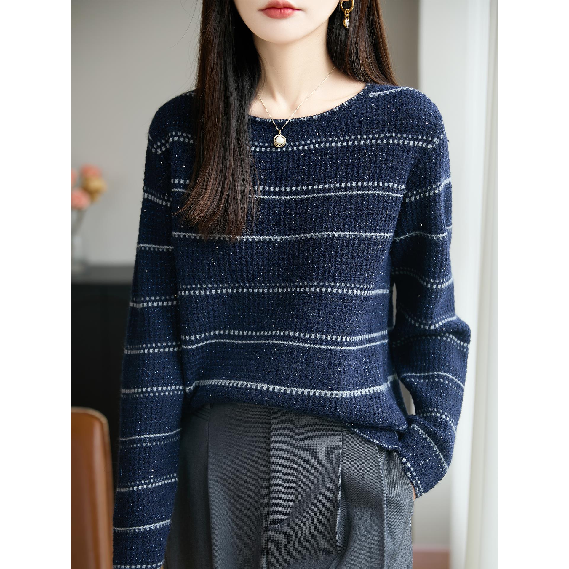 ROUMIKL法式撞色条纹亮片针织衫女2025秋冬新加厚保暖宽松显瘦打