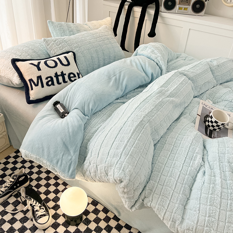 秋冬简约双面绒床笠四件套裸睡