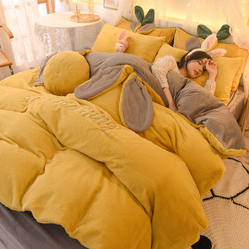 冬季加厚牛奶绒床上四件套双面珊瑚绒可爱兔法兰绒被套2025新款潮,床上用品,学生床品套件,淘宝优惠券,粉丝福利购,淘宝优惠卷