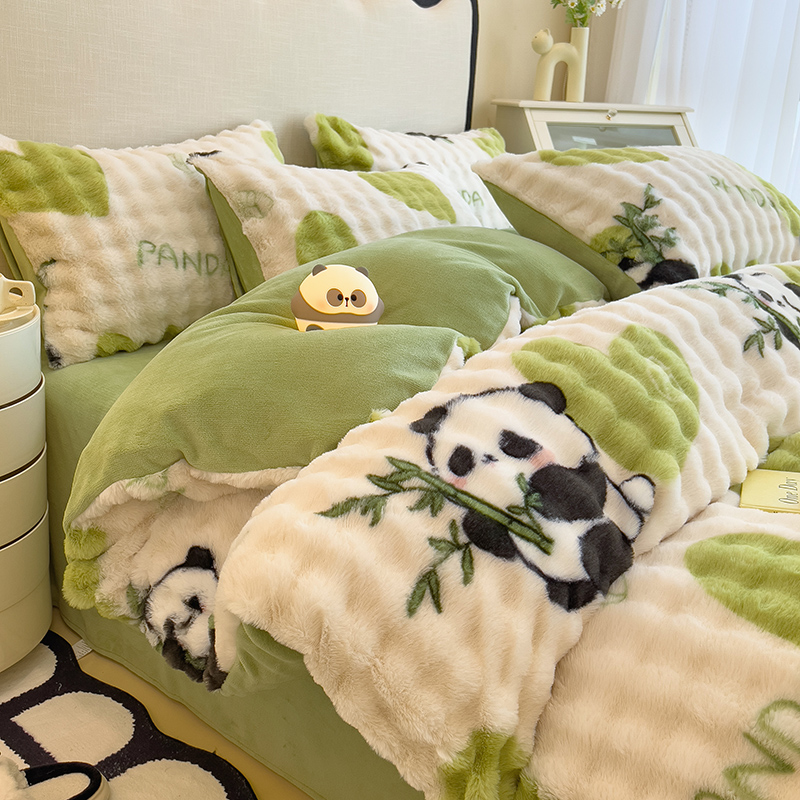 可爱双面加绒小熊猫牛奶绒四件套