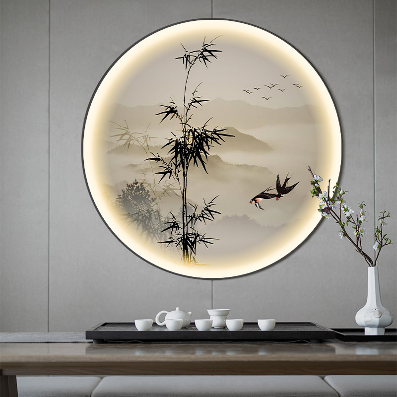 圆形新中式玄关装饰画led发光山水挂画入户竹子灯画竹报平安国画