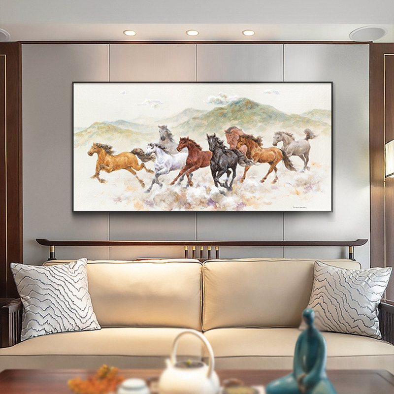 八骏图新中式装饰画马办公室大幅油画茶室客厅书房挂画沙发后壁画