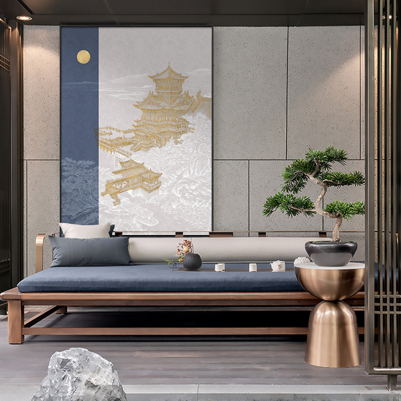 新中式玄关走廊过道装饰画亭台楼阁简约大气壁画日式茶室定制挂画