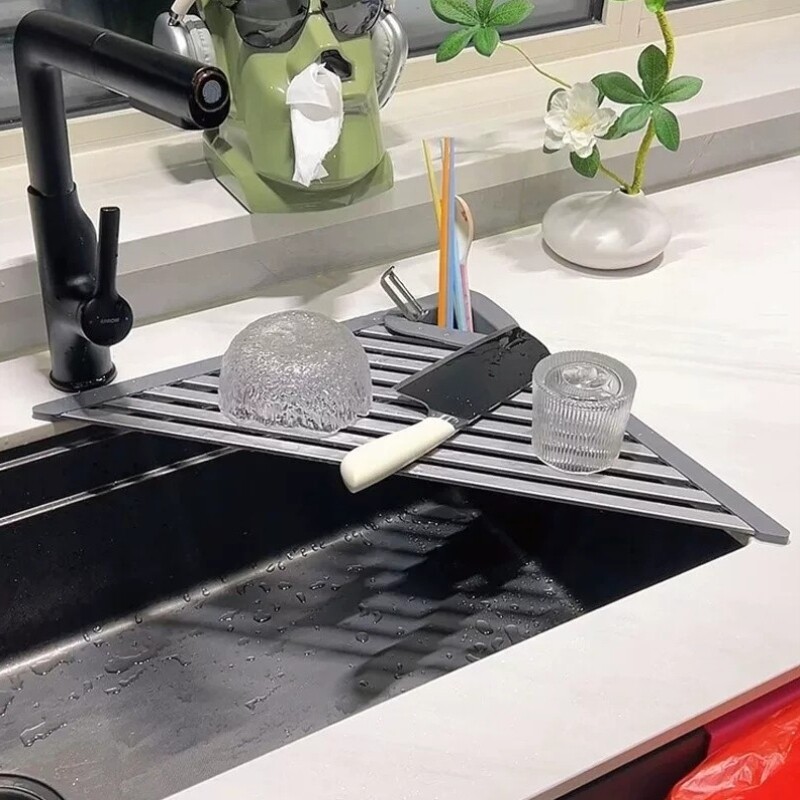 水槽边沥水帘可折叠厨房三角形沥水架不锈钢家用洗碗池收纳置物架