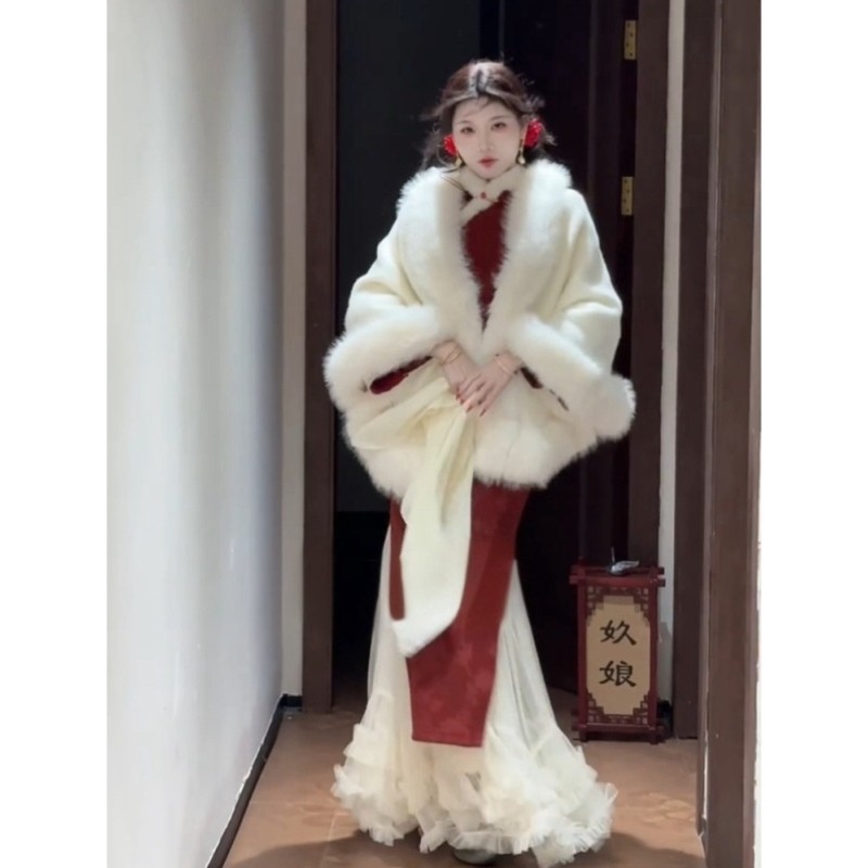 新娘结婚毛披肩订婚礼服旗袍外搭婚纱披肩斗篷婚礼加绒保暖披风白