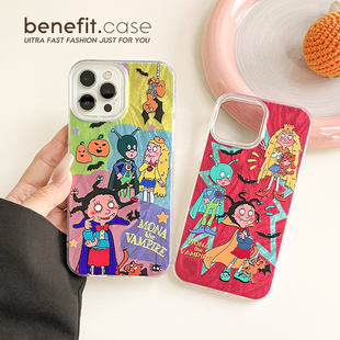 benefit彩色拼接小魔女蒙娜17适用于iphone16promax苹果15PRO手机壳13新款 14套12创意11羽纱xsmax硅胶xr防摔