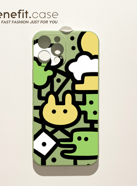benefit创意卡通涂鸦绿色17pro16适用15苹果13手机壳iphone14promax新款12套11 xsmax文艺全包x8plus硅胶保护