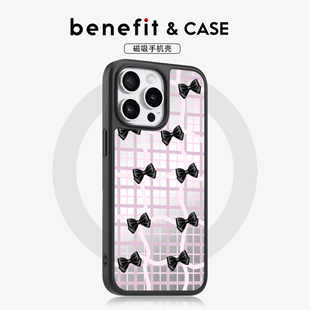 benefit粉色格子条纹蝴蝶结17适用于iphone16promax苹果15PRO镜面磁吸手机壳13新款 14小米15PRO防摔三星S25