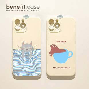 benefit睡觉猫咪蓝杯咖啡17适用于iphone16promax苹果15PRO手机壳13新款 14套12创意11全包xsmax硅胶xr防摔8p