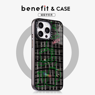 benefit黑色格纹线条咖啡杯17适用于iphone16promax苹果15PRO晶盾磁吸手机壳13新款 14套12冰川纹防摔彩色边框