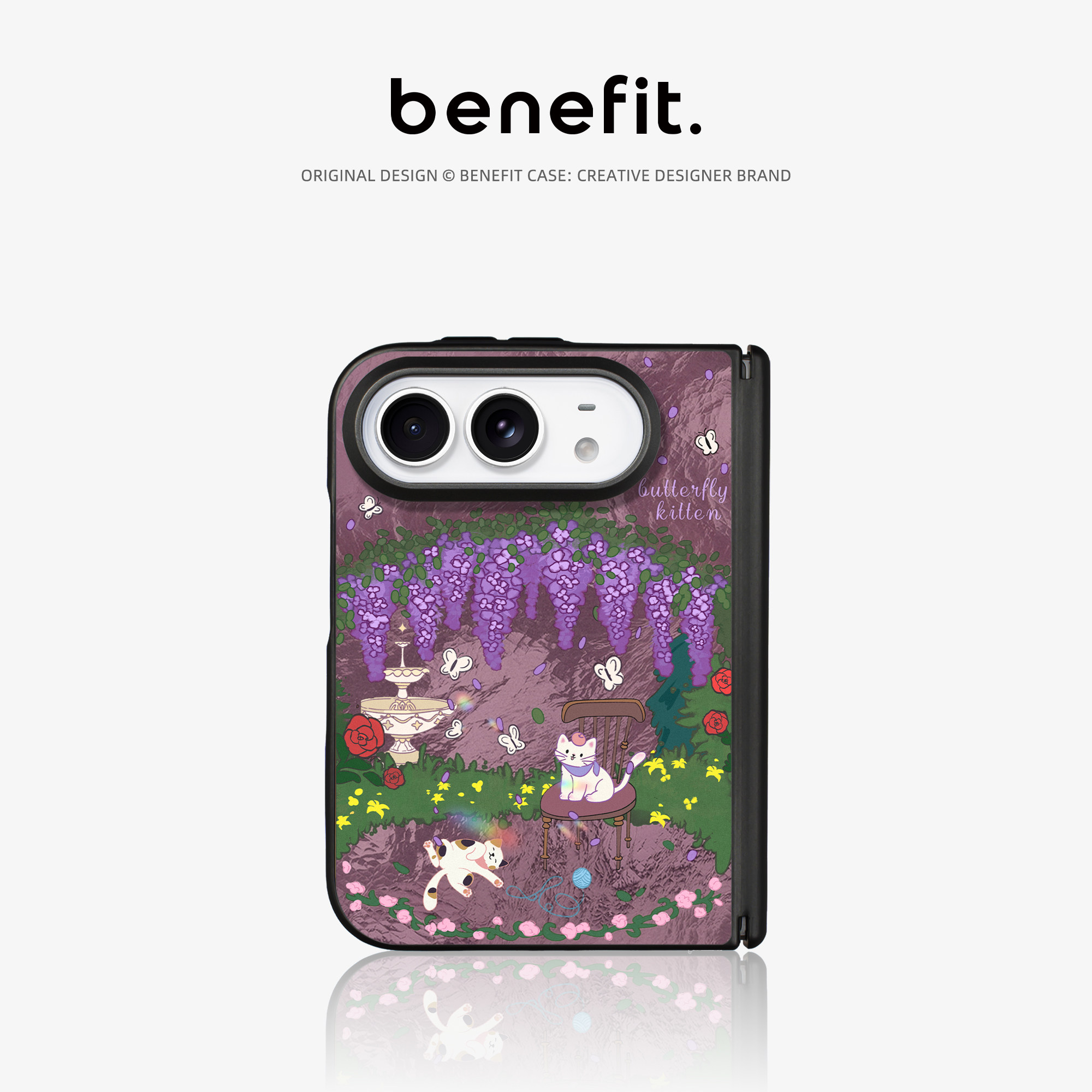 benefit紫藤花园蝴蝶小猫适用于iPhoneDuo手机壳磁吸冰川纹新款DUO苹果折叠屏中轴保护外壳磁吸充电防摔高级