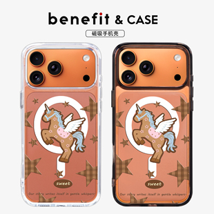 benefit秋冬格纹独角兽适用于iphone17promax苹果16PRO黑色透明磁吸手机壳15新款 13防摔保护套14情侣