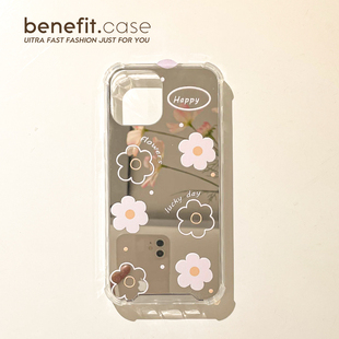 Benefit日韩ins镜面happy花朵17pro16适用15苹果13promax手机壳iphone12硅胶14promax创意xsmax清新xr四角防