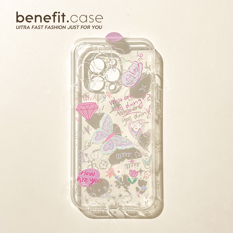 benefit少女心蝴蝶蜡笔涂鸦17pro16适用于苹果15手机壳13iphone14promax新款12套11简约xsmax软xr硅胶8plus防