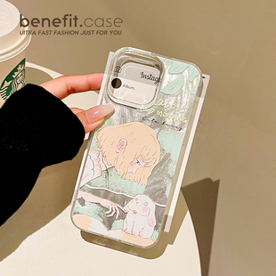 benefit治愈插画女孩与兔子17适用于iphone16promax苹果15PRO手机壳13新款 11全包xsmax硅胶xr防摔 14套12个性