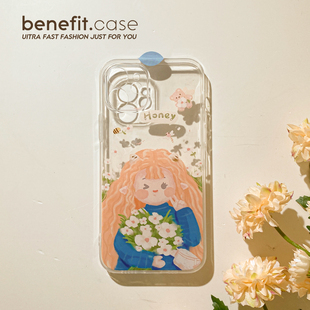 Benefit原创油画抱花少17pro16用苹果13promax手机壳卡通iphone12软14promax可爱11女xsmax清新xr8p7创意透明