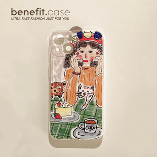 Benefit抽象油画女孩17pro16适用15苹果13promax手机壳卡通iphone12防摔14promax可爱11xsmax硅胶xr创意8p硅