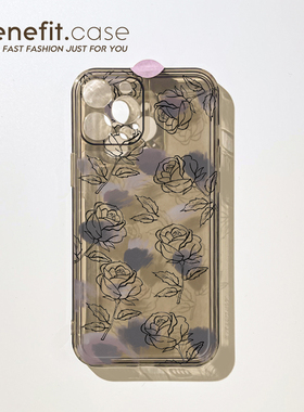 Benefit创意复古线条玫瑰17pro16适用15iphone12手机壳苹果14promaxmini透黑14软11硅胶xsmax高级xr欧美8p7p