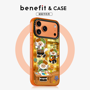benefit复古格纹开心猫咪适用于iphone17promax苹果16PRO晶盾磁吸手机壳15新款 13套14冰川纹12防摔彩色边框