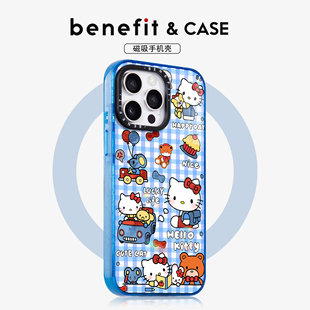benefit蓝色格子卡通凯蒂猫17适用于iphone16promax苹果15PRO晶盾磁吸手机壳13新款 14套12冰川纹防摔彩色边框