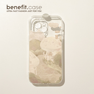 Benefit复古风油画蘑菇屋17pro16适用15苹果13手机壳iphone14promax新款 12保护套11文艺xsmax透明xr软硅胶8p