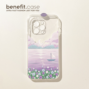Benefit清新梦幻紫色月亮湖17pro16适用15苹果13手机壳iphone14promax新款 12保护套11油画xsmax透明xr软硅胶