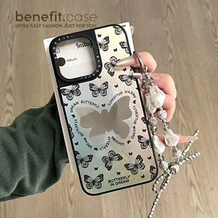 benefit镜面黑色幻彩蝴蝶带珍珠手链17适用于iphone16promax苹果15PRO磁吸手机壳13新款 14套12冰川纹硅胶防摔