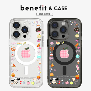 benefit可爱图案格纹狗狗17适用于iphone16promax苹果15PRO黑色透明磁吸手机壳13新款 14防摔保护套12情侣