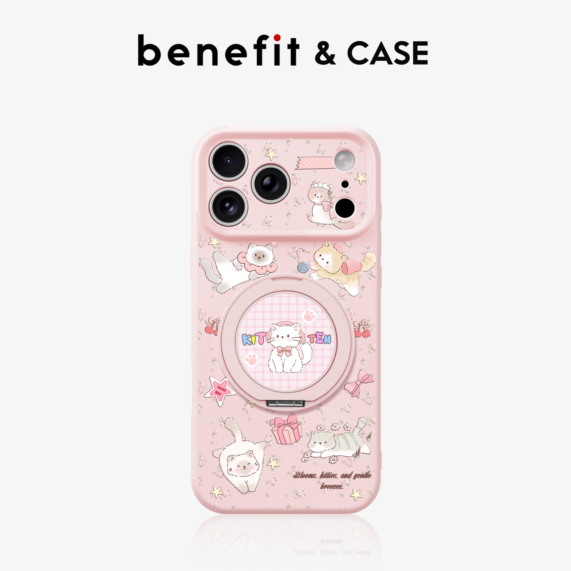 benefit粉色少女风小猫咪18pro适用于iphone17promax苹果16PRO手机壳带旋转支架15新款14保护套13防摔12挂绳