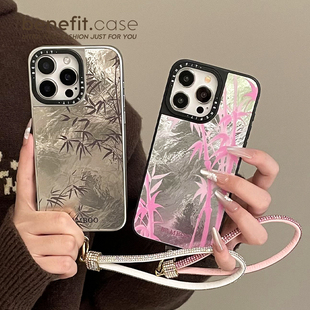 benefit简约国风粉色竹子带水钻手链17适用于iphone16promax苹果15PRO磁吸手机壳13新款 14套12冰川纹硅胶防摔