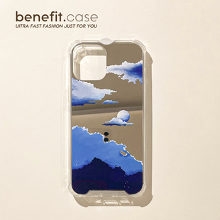 Benefit镜面文艺ins蓝色圆月17pro16适用15苹果13promax手机壳iphone12四角防摔14promax新11xsmax创意xr女8