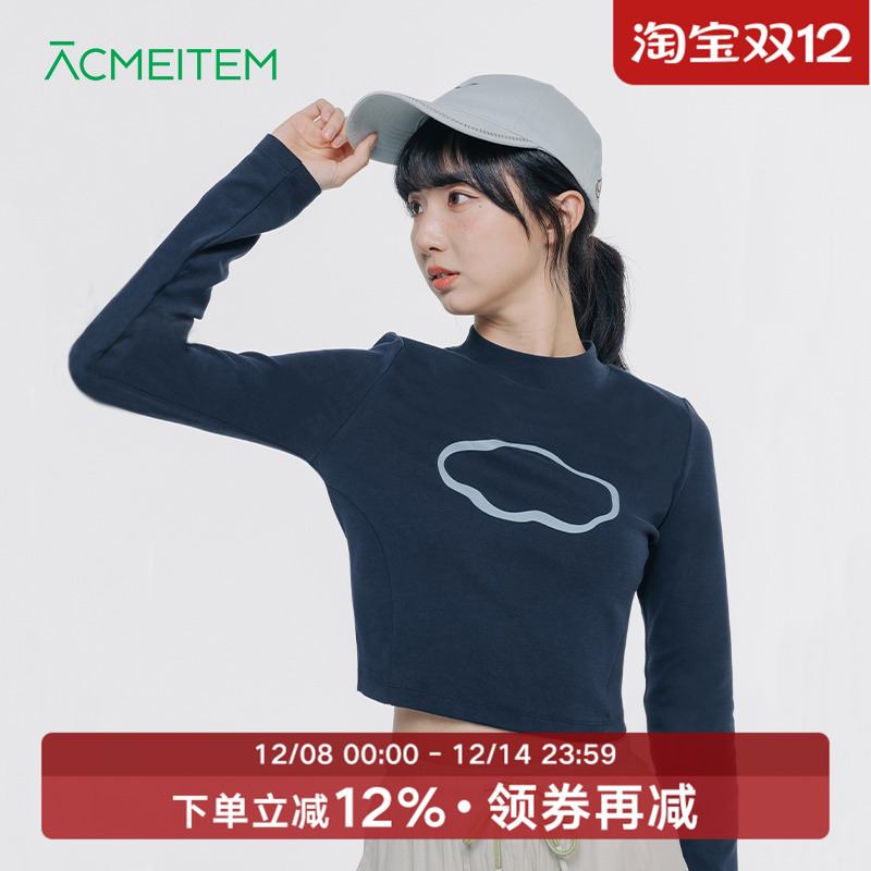 ACMEITEM爱棵米 户外休闲印花长袖T恤短款运动修身上衣女士