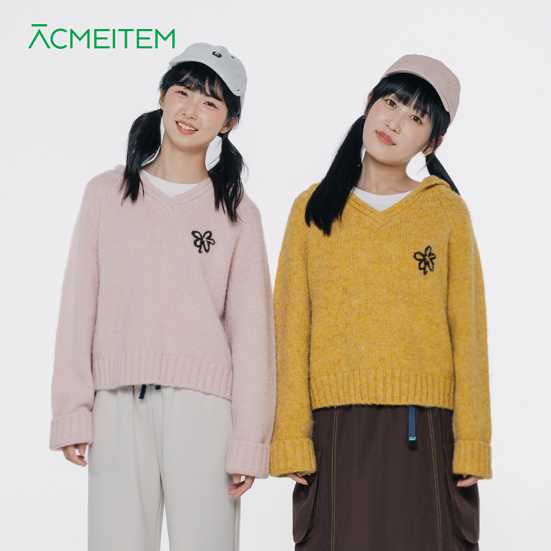 ACMEITEM爱棵米 秋冬女士花朵元气连帽针织毛衫休闲宽松毛衣上衣