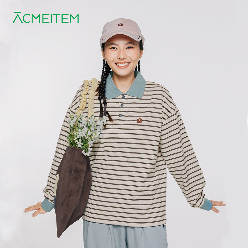 ACMEITEM爱棵米 亲子城市户外条纹POLO衫长袖休闲宽松百搭上衣女